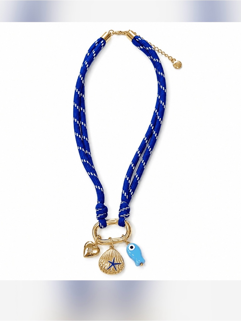 blue cord necklace with 24kt gold plated clasp and charms